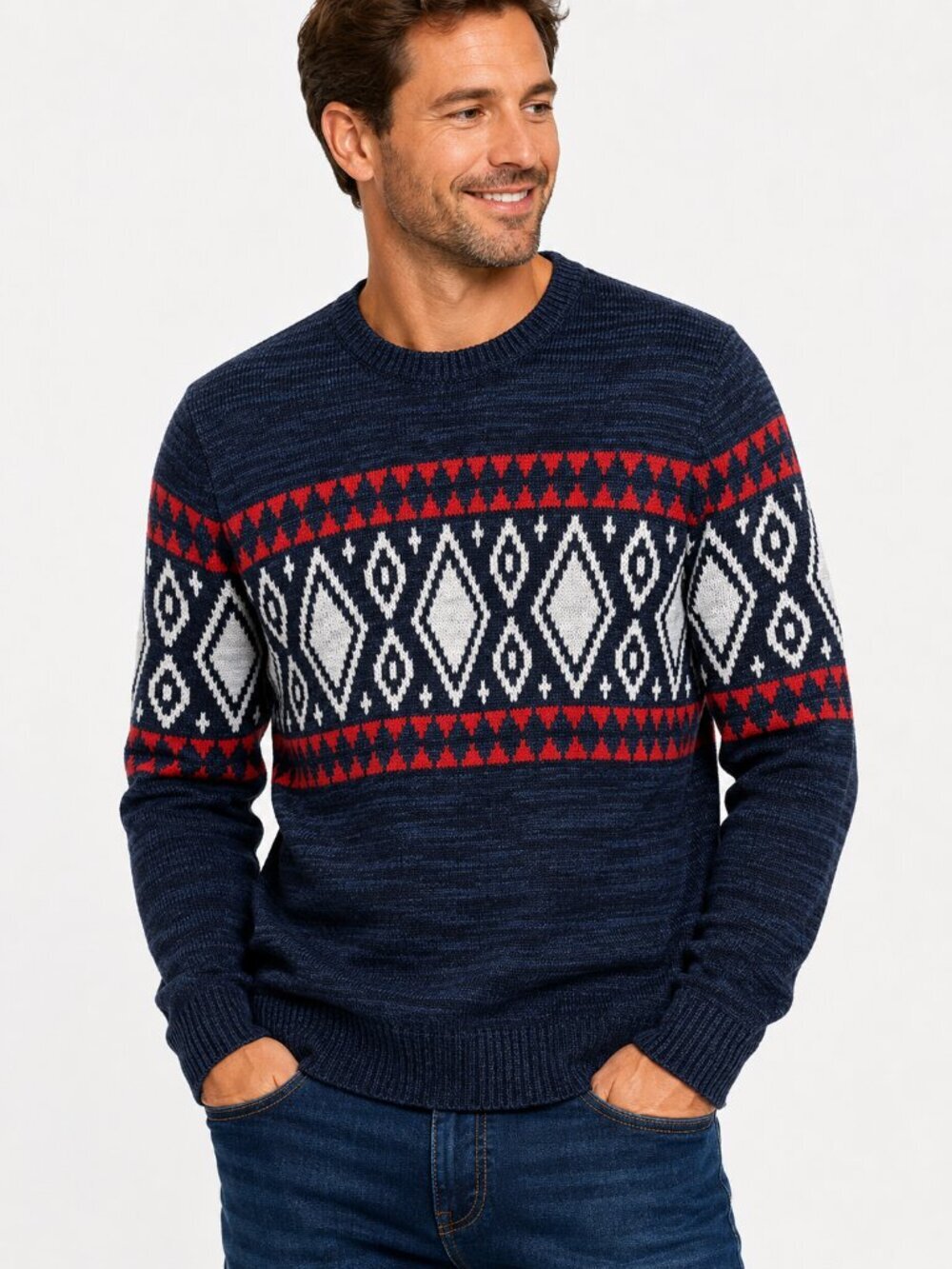 CKH Clockhouse Fair Isle Sweater Men's L Blue Red Wool Blend Nordic Knit
